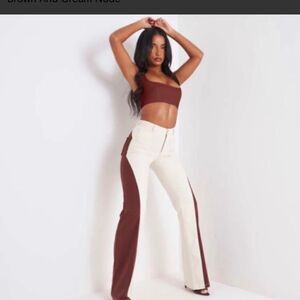 EGO Shea High Waist Panel Detail Straight Leg Trousers In Brown And Cream Nude